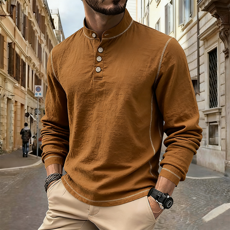 Men's Solid Color Cotton Blend Stand Collar Button Long Sleeve T-shirt MTA1797J6X