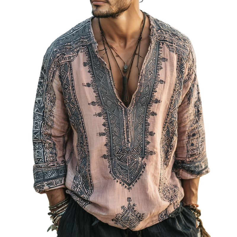 Men's Ethnic Print V Neck Long Sleeve Shirt MTA0271H6Z