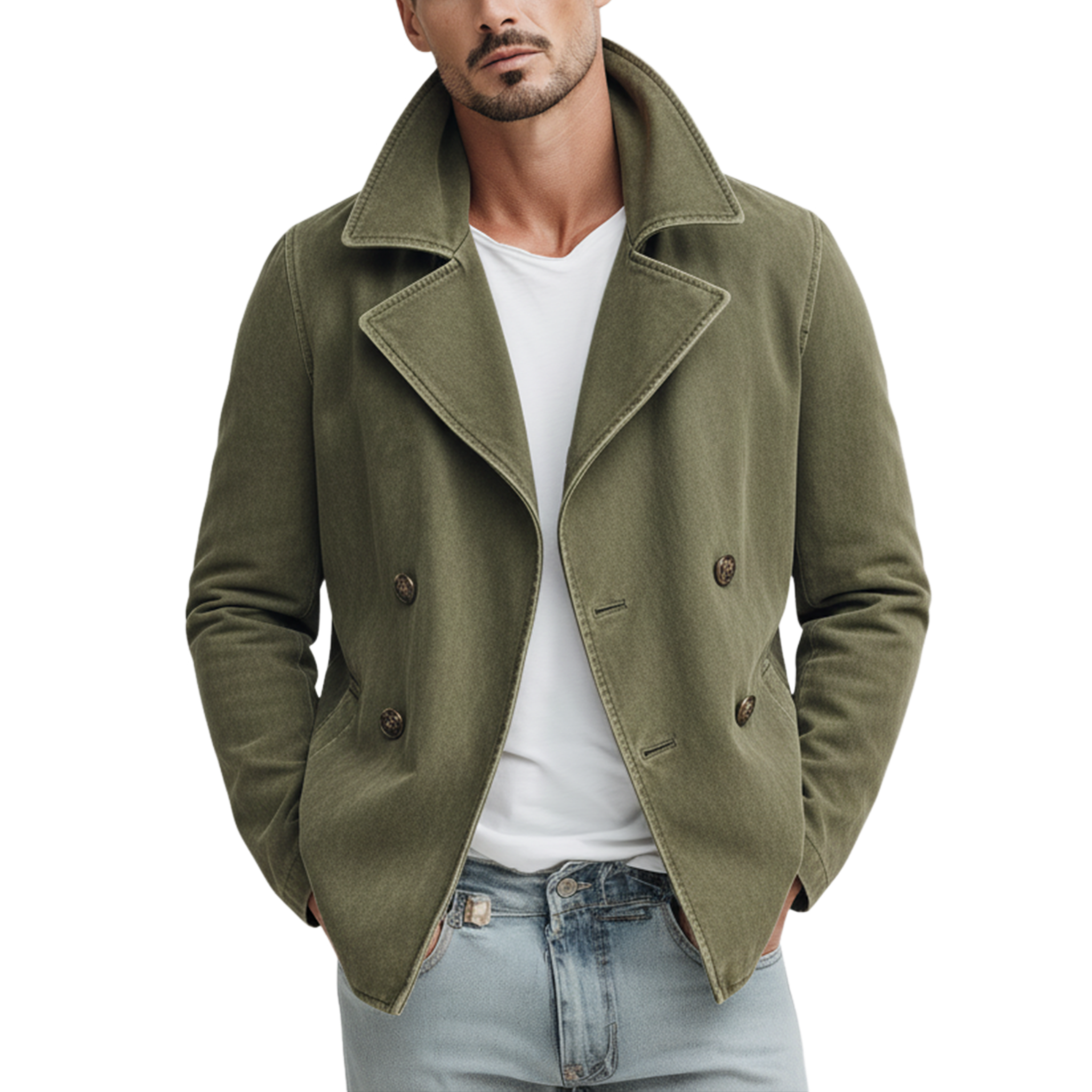 Men's Classic Lapel Washed Cotton Blend Double Breasted Jacket MTA2472J4K
