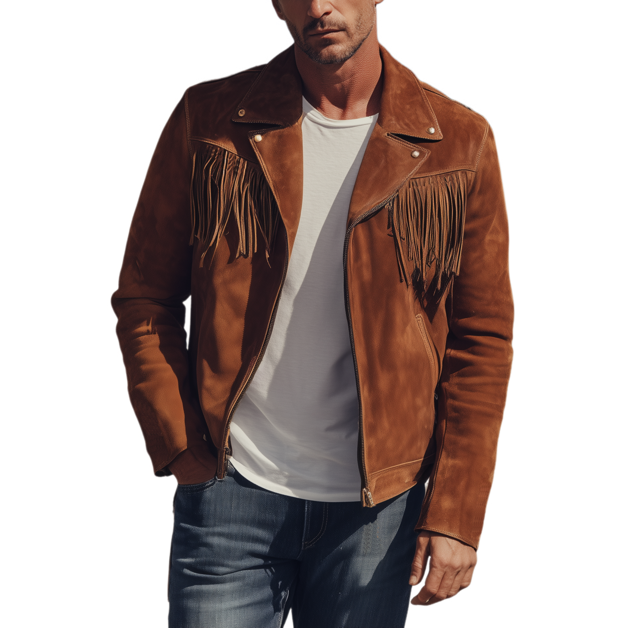 Men's Classic Retro Western Cowboy Style Suede Tassel Lapel Zipper Jacket MTA0507H0K