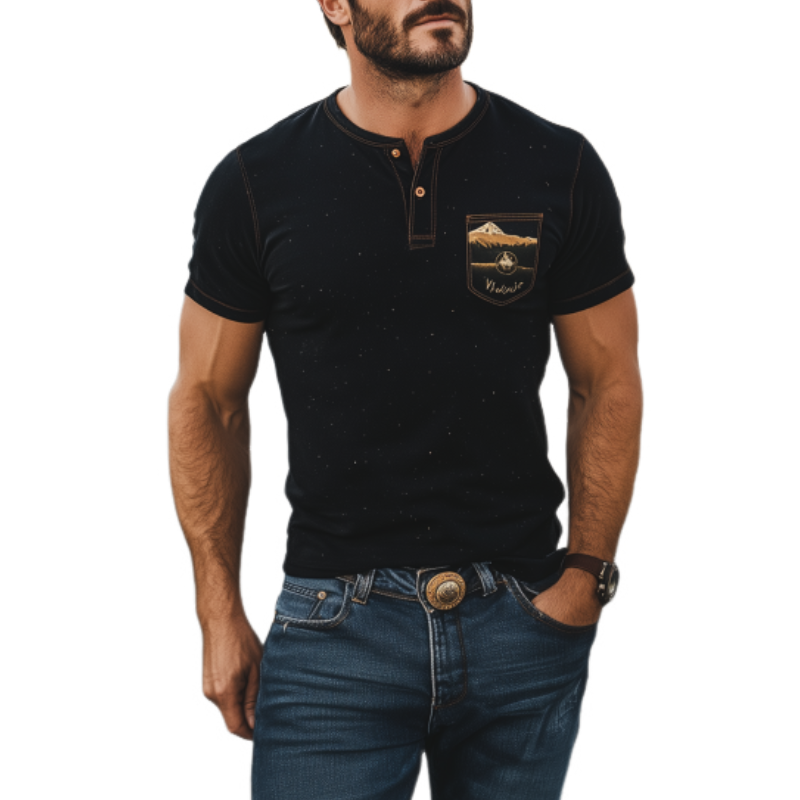 Klassisk uformelt Henley-krage Yellowstone-kolleksjon for menn med kortermet T-skjorte 94837482K