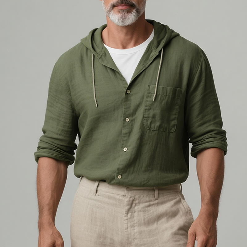Men's Retro Casual Solid Color Linen Hooded Long Sleeve Shirt MTA2774F1TO
