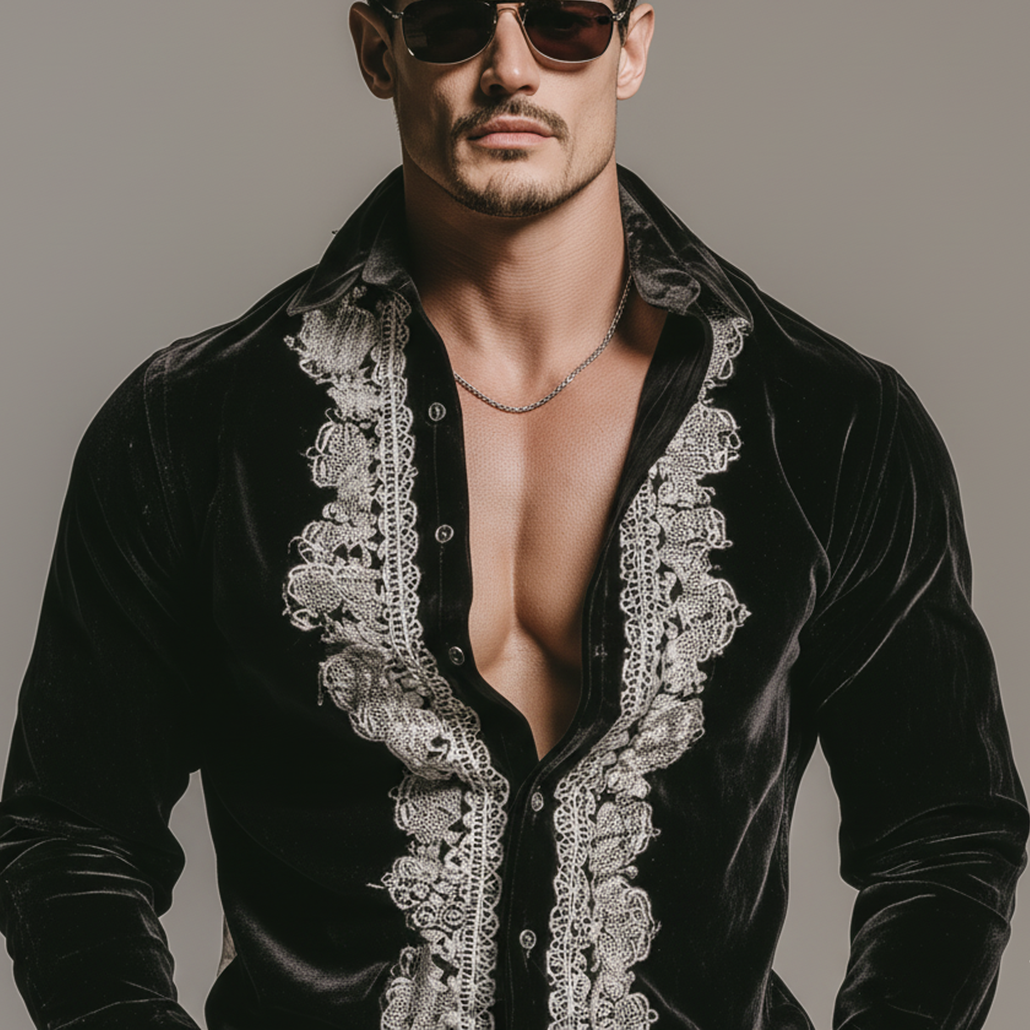 Men's Classic Vintage Lace-paneled Lapel Black Velvet Long-sleeved Shirt MTA2087L4K