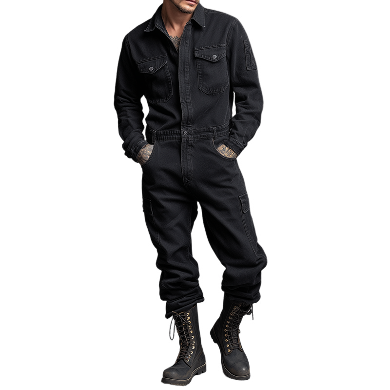 Men's Retro Casual Cotton Washed Lapel Long Sleeve Shirt Jumpsuit MTA0472H9TO