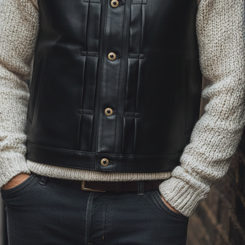 Men's Solid Color Casual Western Cowboy Style Lapel PU Vest MTA0506L3X