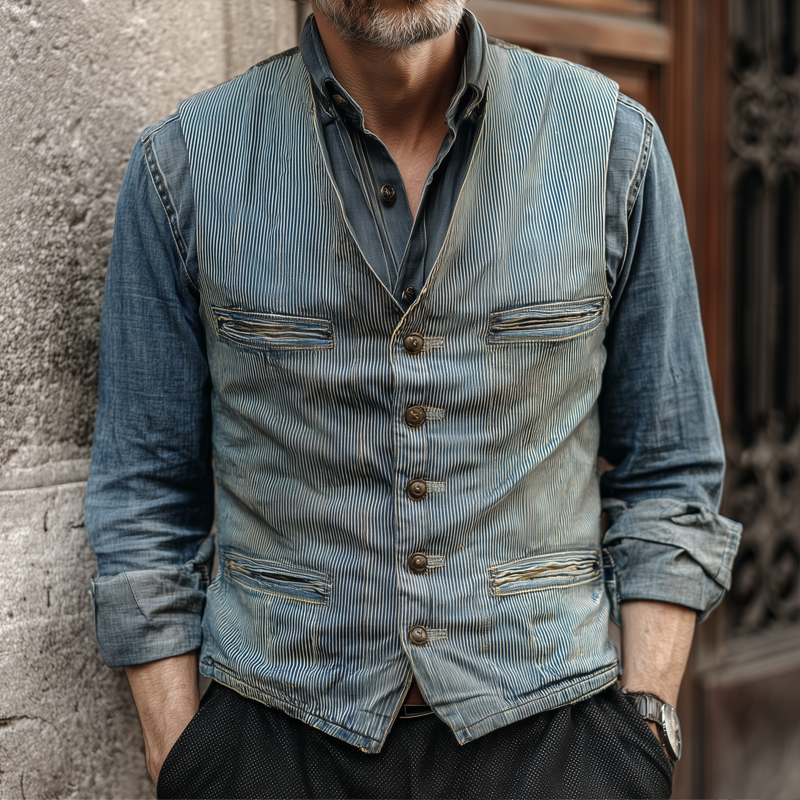 Men's Vintage Striped Denim V Neck Single Breasted Multi-pocket Vest MTA1880H1Z
