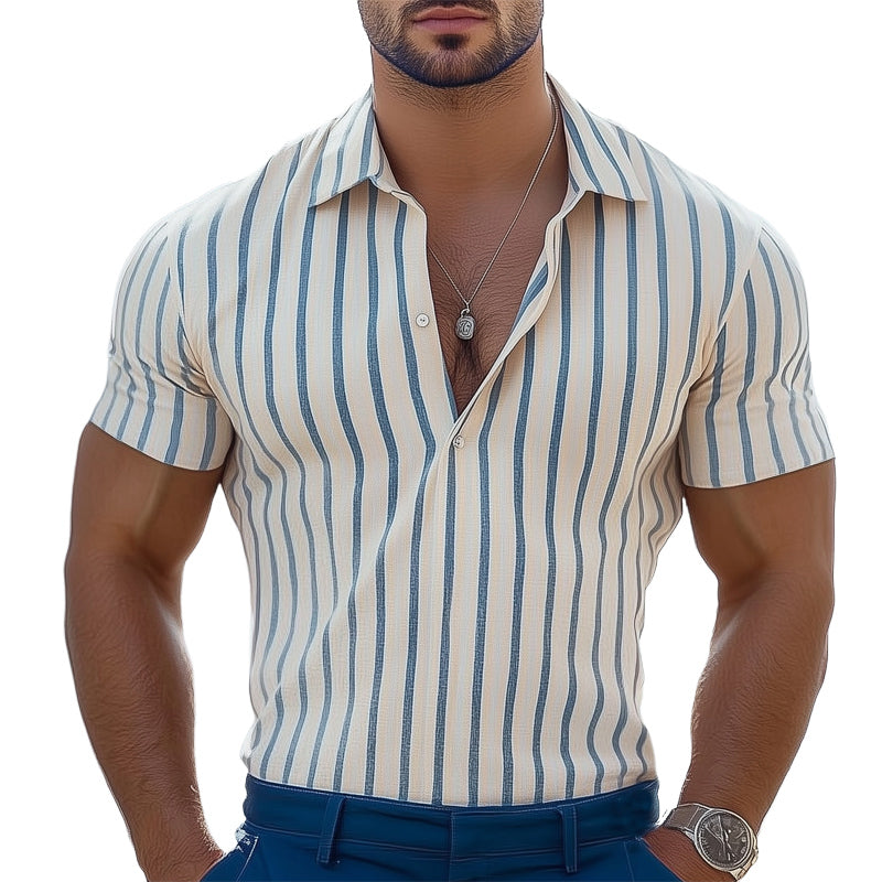 Men's Summer Casual Vertical Stripe Polo Neck T-Shirt MTA0640E2U