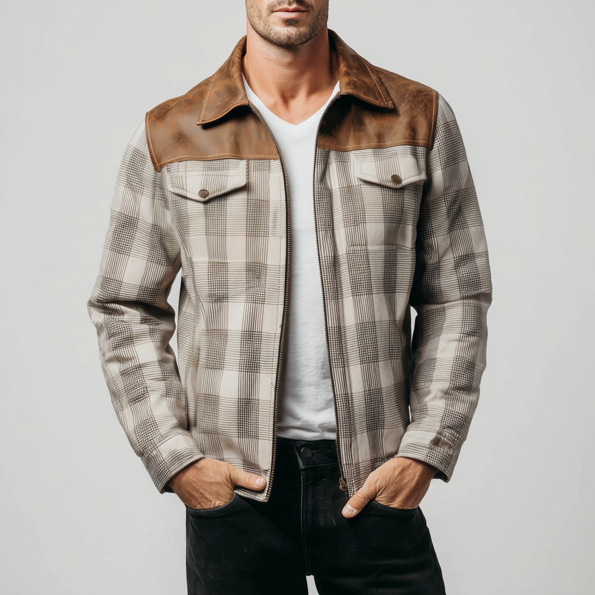 Men's Classic Casual PU Leather Stitching Woolen Plaid Lapel Jacket MTA0192I0K