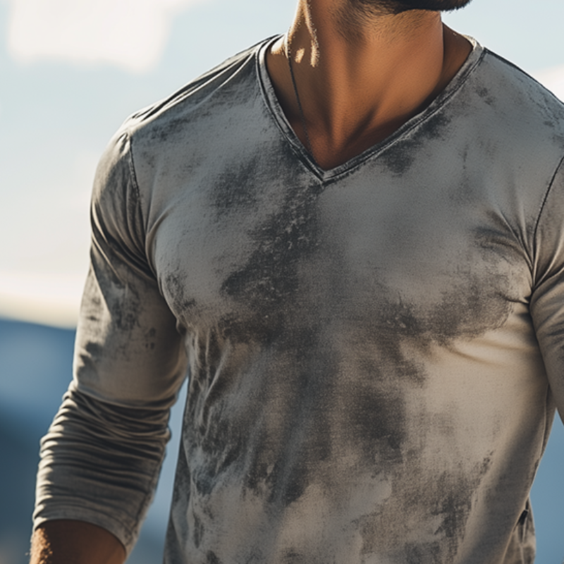 Men's Retro Casual Scratch Print V-Neck Long Sleeve T-Shirt MTA3089G8TO