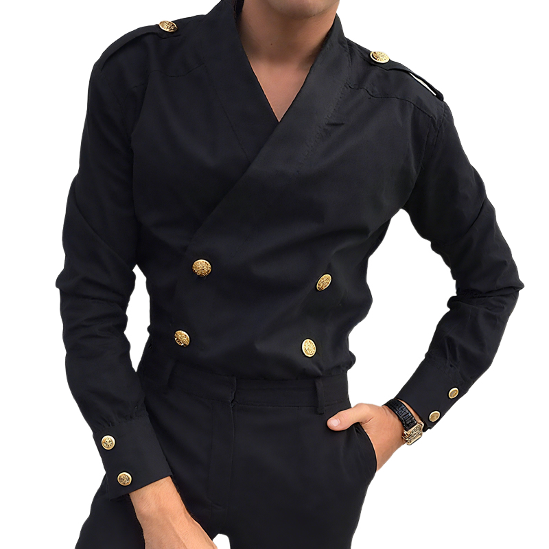 Men's Solid Color V Neck Double Breasted Long Sleeve Shirt MTA1536G9Z