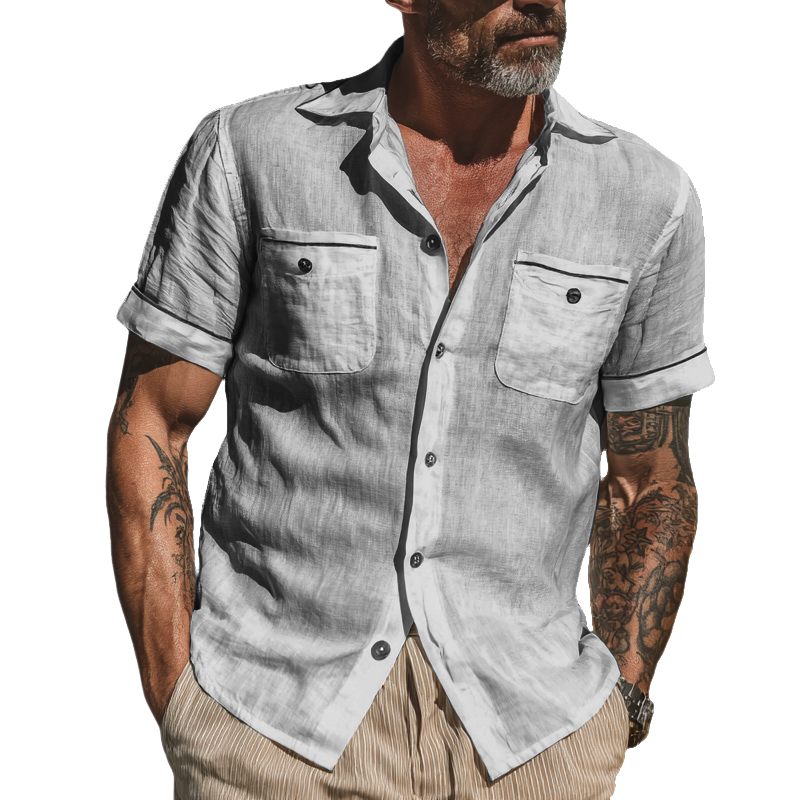 Men's Cotton Multi-Pocket Solid Color Short Sleeve Shirt MTA0309G5X