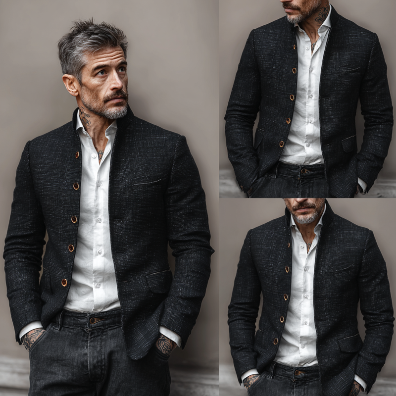 Men's Vintage Tweed Stand Collar Single Breasted Casual Jacket MTA2911H8Z