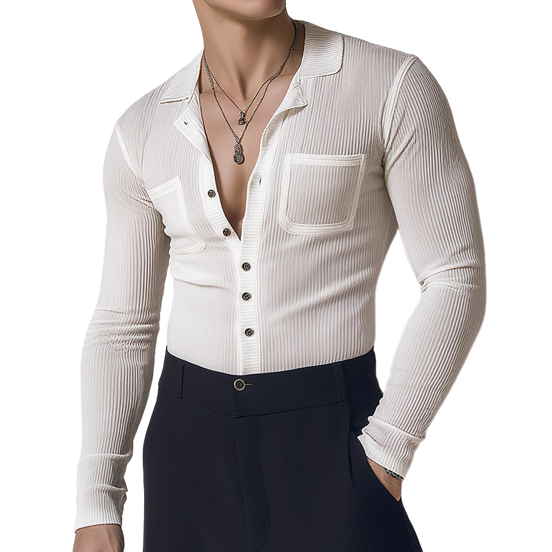 Men's Retro Casual Solid Color Double Pocket Lapel Long Sleeve Shirt MTA1045G9TO