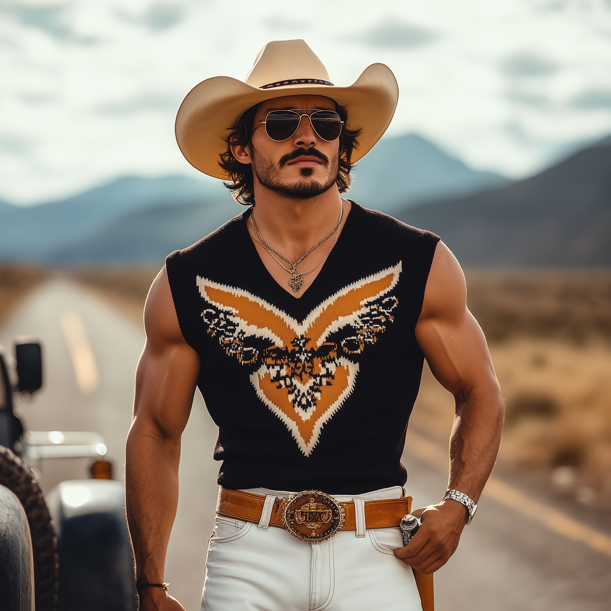 Men's Spring And Summer Fashion Casual Western Cowboy Style V-neck Slim Thin Knitted Contrast Jacquard Tank Top MTA1523E6K