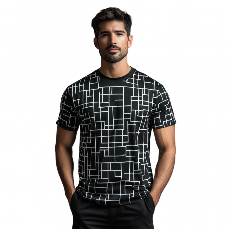 Men's Casual Contrast Color Geometric Full Print Round Neck Loose Short Sleeve T-shirt MTA1529E3M