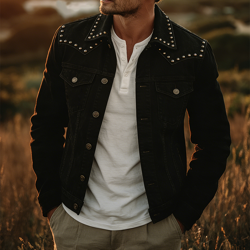 Men's Retro Casual Cotton Western Cowboy Lapel Button Jacket MTZ0534A4TO