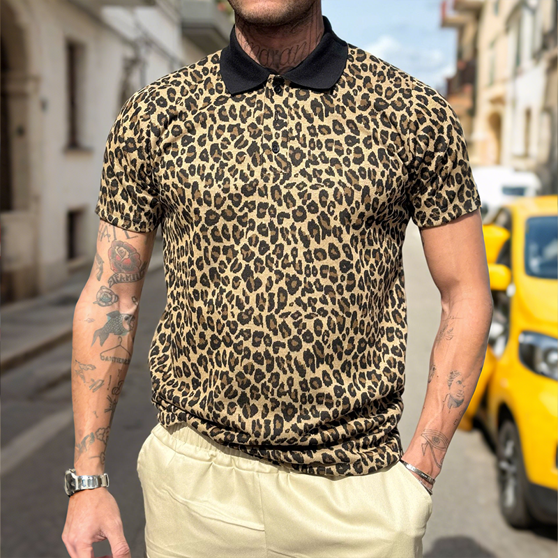 Men's Retro Casual Leopard Print Lapel Short Sleeve Polo Shirt MTA2144G1TO
