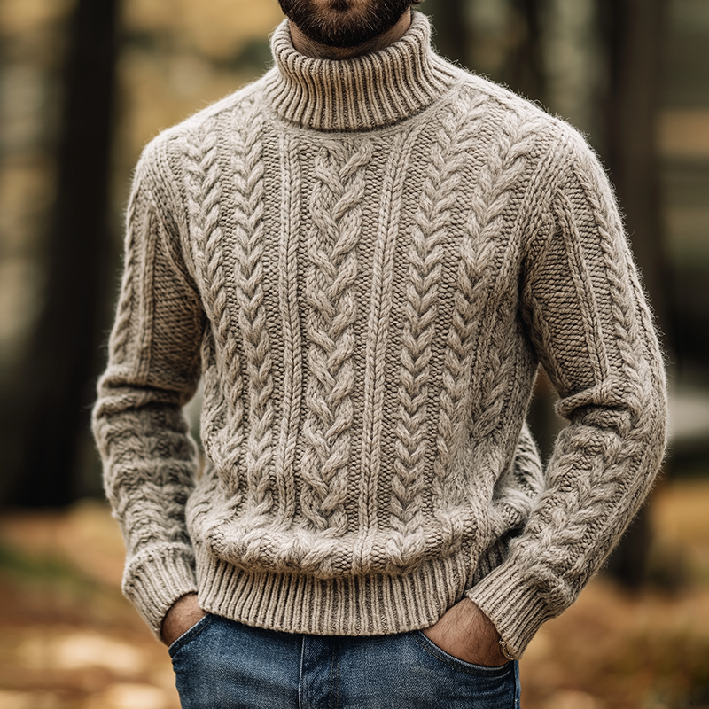 Men's Retro Casual Knitted Cable-Pattern Turtleneck Pullover Sweater MTA1576J1TO