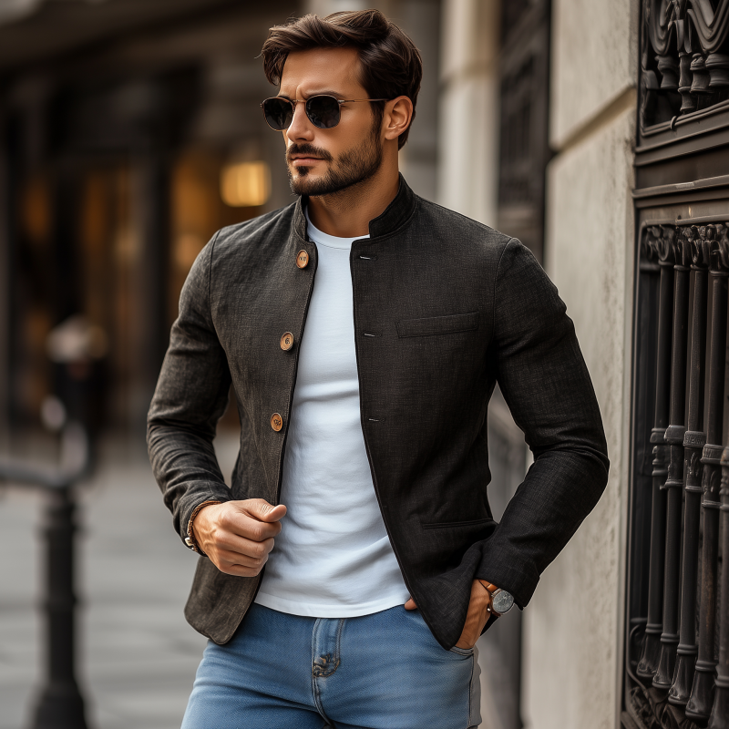 Men's Casual Solid Color Cotton Blend Stand Collar Single Breasted Slim Short Blazer MTA1718G4M