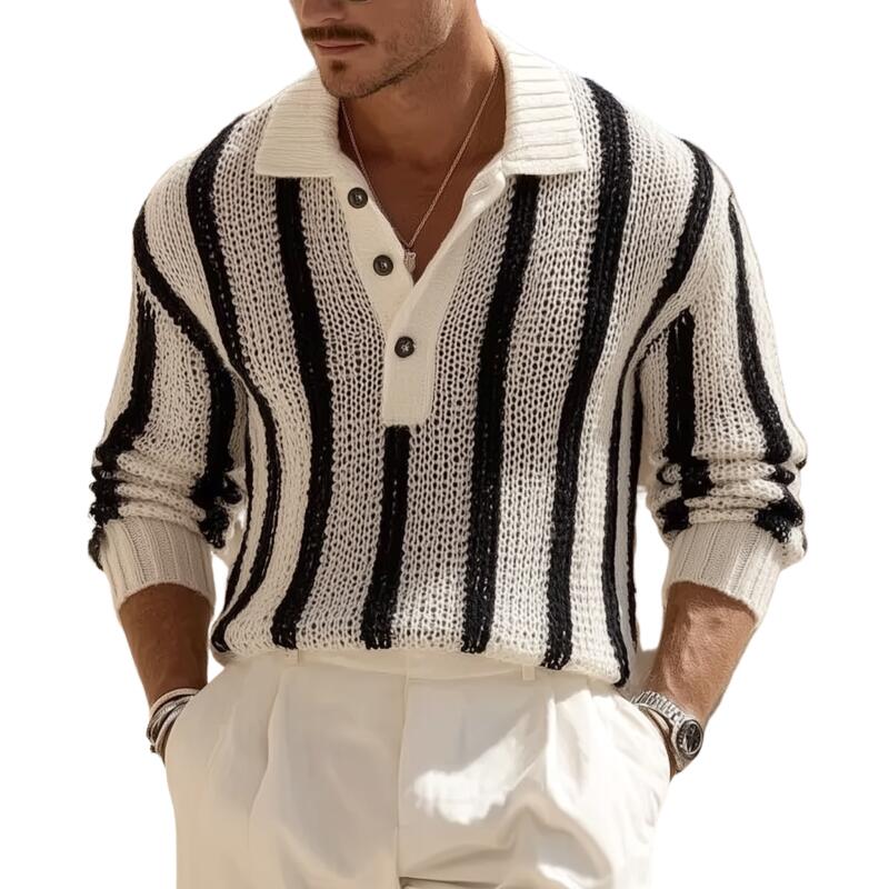 Men's Vintage Contrast Striped Breathable Knit Polo Neck Loose Pullover Sweater MTA2831H1M