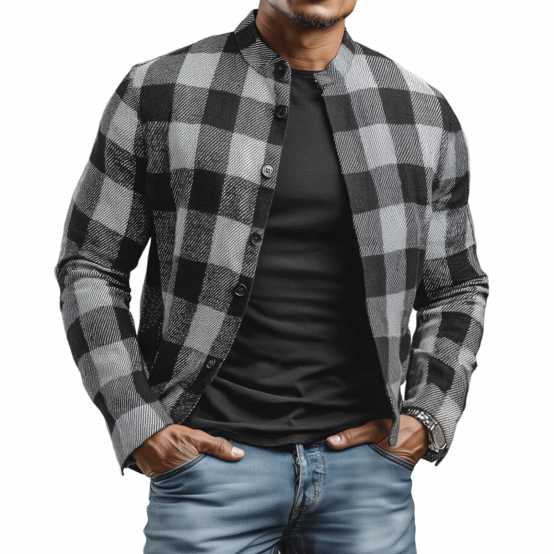 Men's Casual Classic Cotton Blend Plaid Stand Collar Single-breasted Cropped Jacket MTA2920G5M
