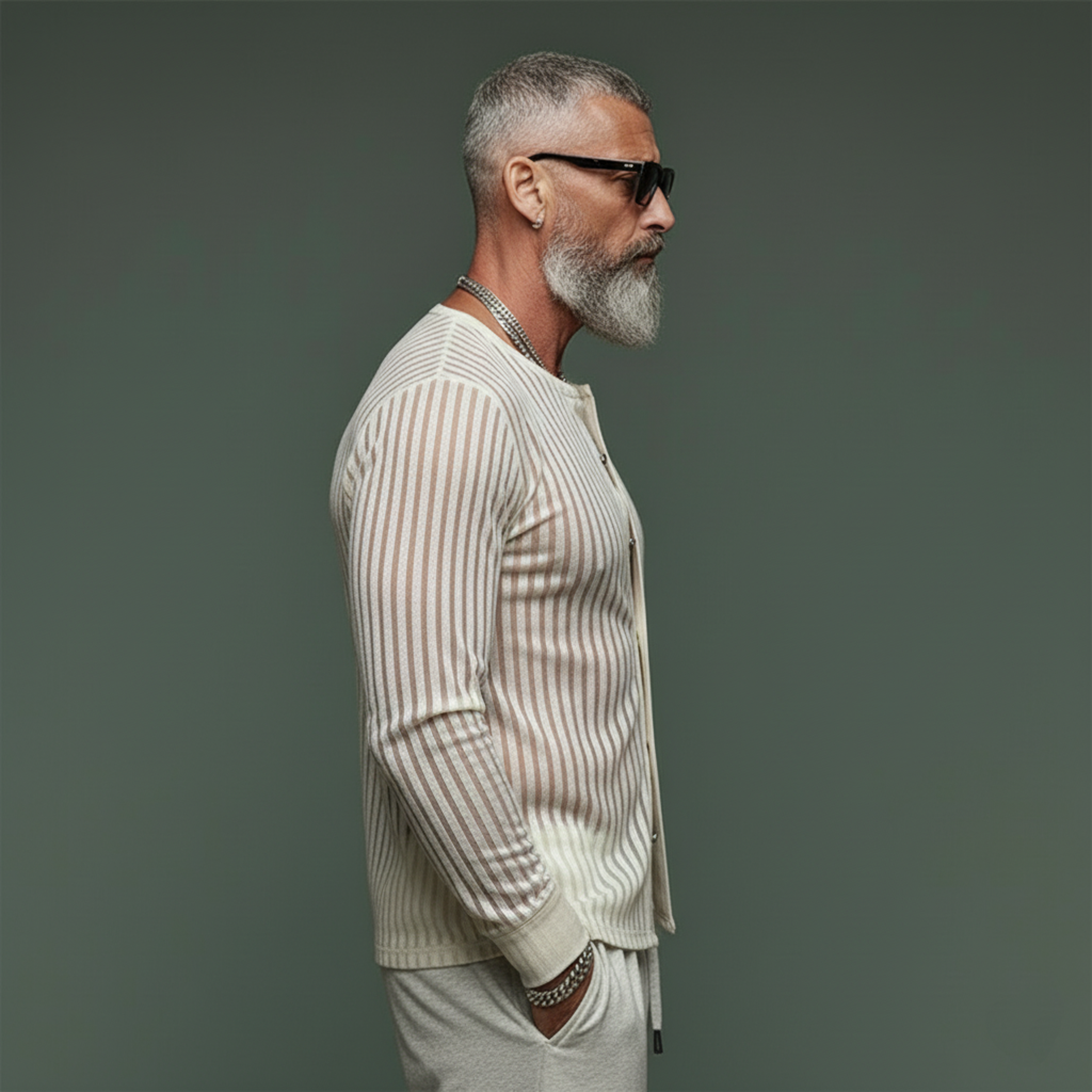 Men's Classic Casual Faux Velvet Striped Slightly Sheer Long-sleeved Shirt MTZ0541A2K