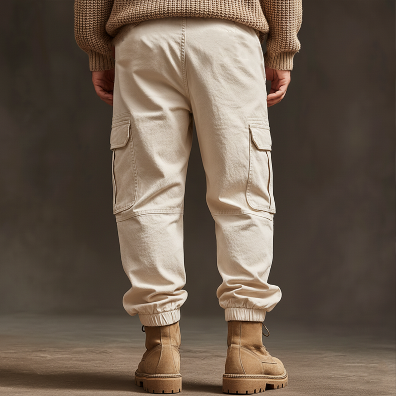 Men's Classic Beige Cotton Blend Elastic Waist Cargo Pants MTA3027J7U