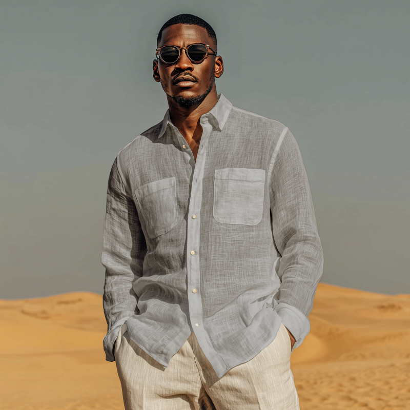 Men's Casual Solid Color Breathable Linen Lapel Patch Pocket Loose Long Sleeve Shirt MTA0457G4M