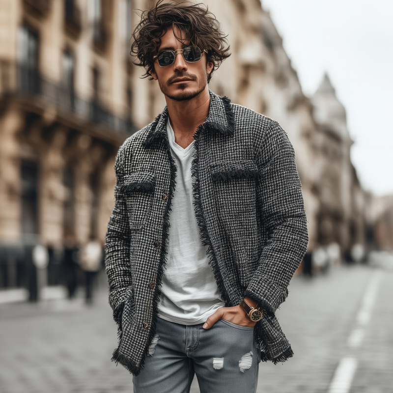 Men's Fashion Houndstooth Patchwork Tassel Edge Lapel Chest Pocket Single Breasted Mid-Length Jacket MTA1772G7M