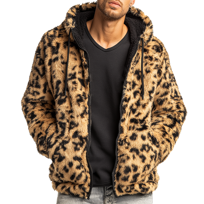 Men's Retro Casual Leopard Print Plush Warm Hooded Zipper Jacket MTA2359I8TO