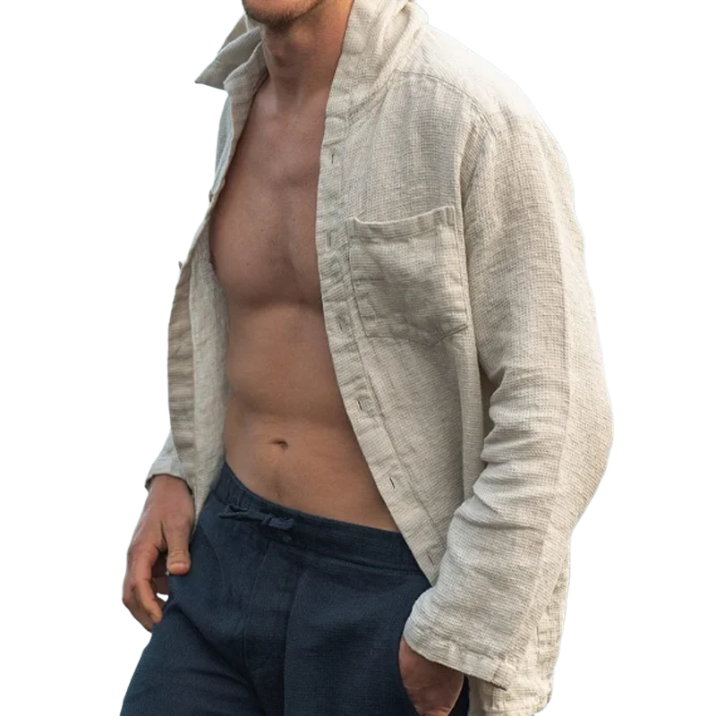 Men's Solid Color Waffle Hooded Long Sleeve Casual Shirt MTA0733E1Z