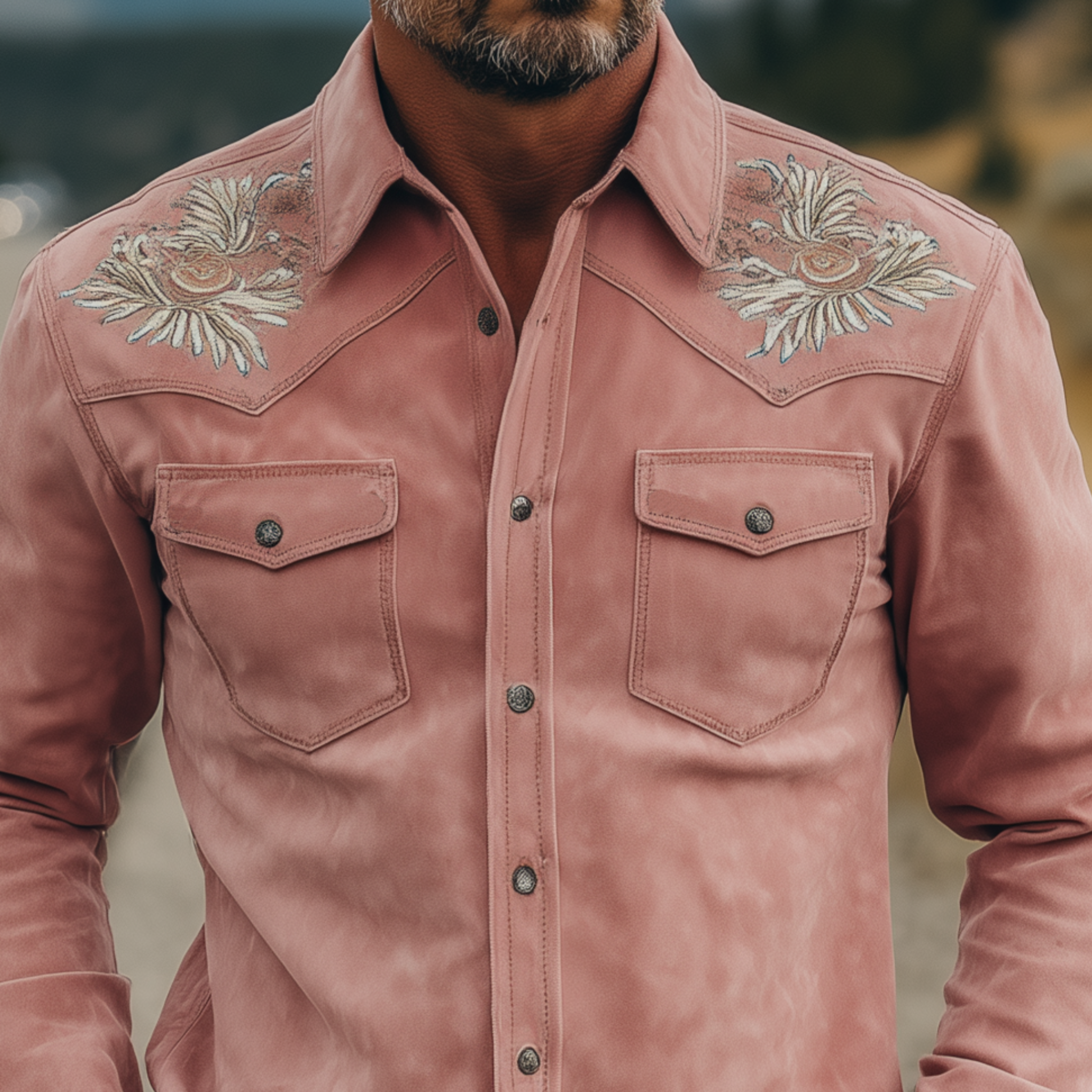 Men's Classic Retro Western Style Embroidered Pink Suede Slim-fit Long-sleeved Shirt MTA1476H5K