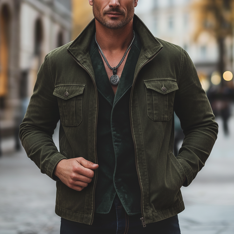 Men's Urban Army Green Faux Suede Stand Collar Zip-Up Jacket MTA2383L9U