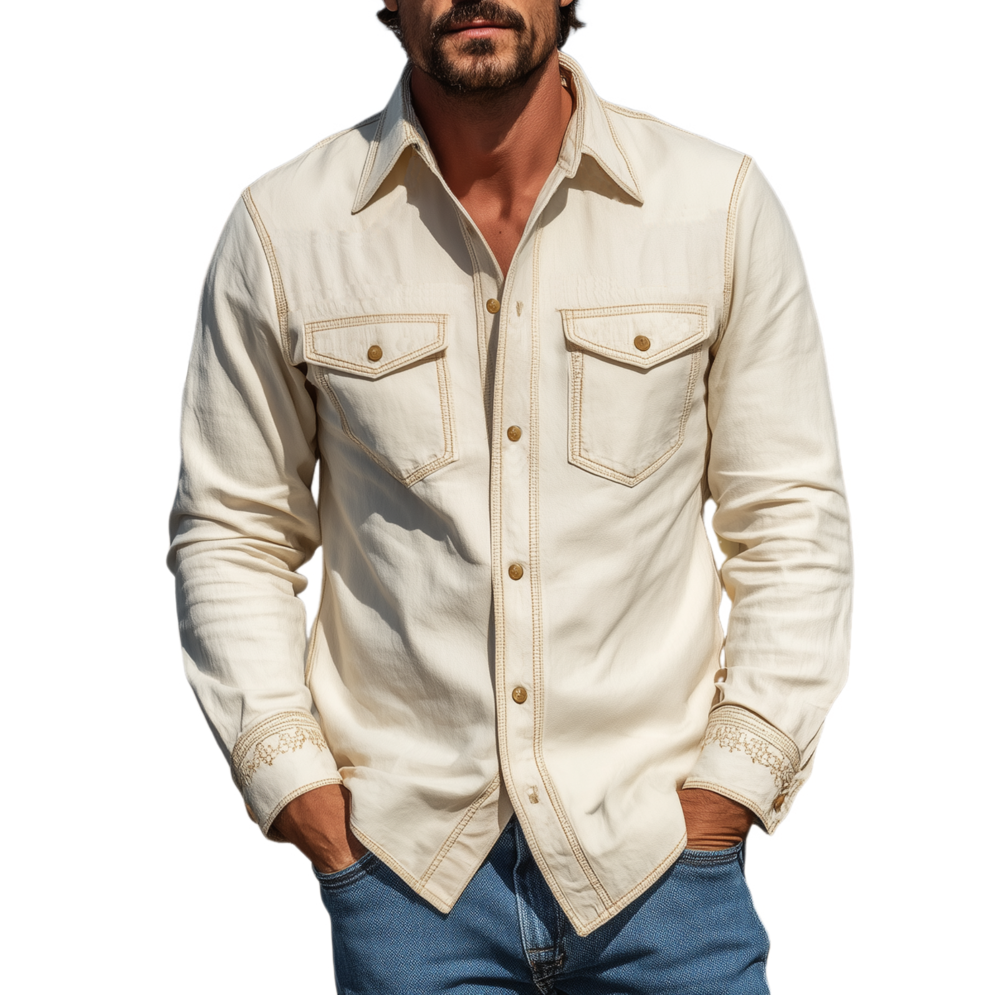 Men's Spring And Summer Fashion Casual Cotton Blended Cuff Embroidered Long Sleeve Shirt MTA1732G7K