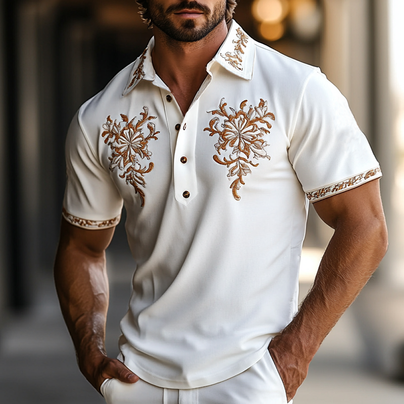 Herrepoloskjorte i vestlig stil, brodert med korte ermer MTA0997F2Y