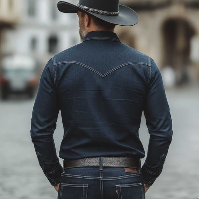 Men's Vintage Blue Slightly Stretchy Denim Long-sleeved Shirt MTZ0940A0U