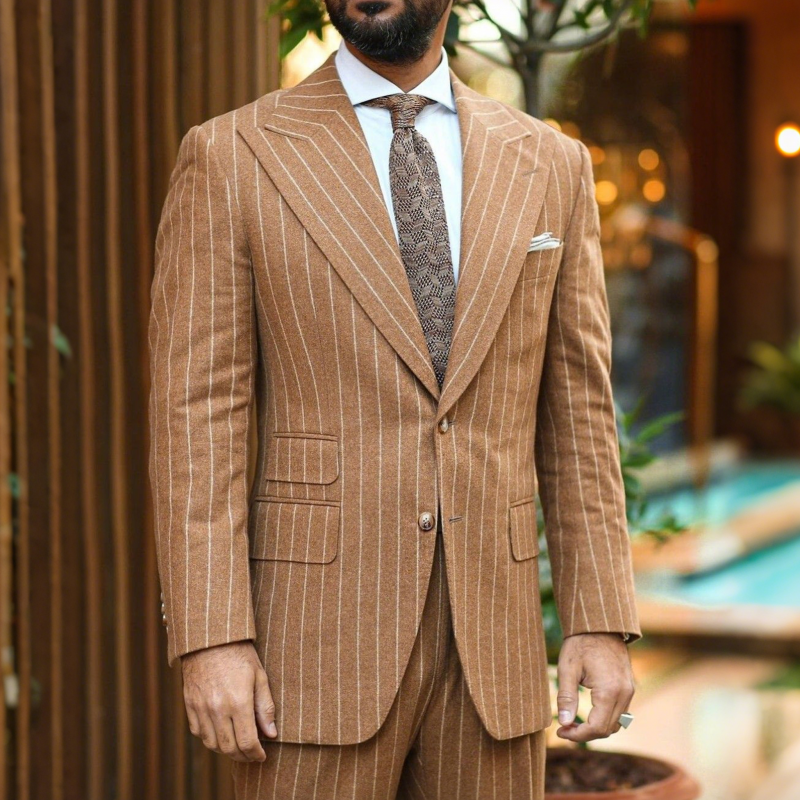 Men's Vintage Striped Wool Blend Peaked Lapel Single-breasted Slim-fit Blazer MTA1802H3M