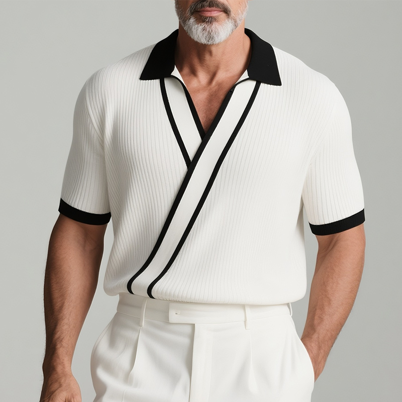 Men's Retro Casual Knitted Colorblock Lapel Short Sleeve Shirt MTA2778F8TO