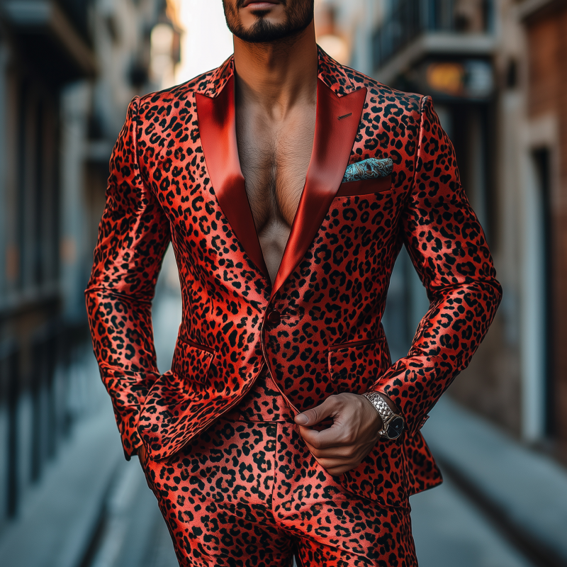 Men's Stylish Colorblock Leopard Print Satin Patchwork Shawl Collar Single-breasted Slim-fit Blazer MTA2911G7M