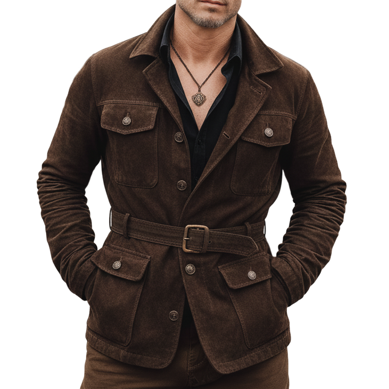 Men's Classic Elegant Dark Brown Faux Suede Belted Jacket MTA3075L4U
