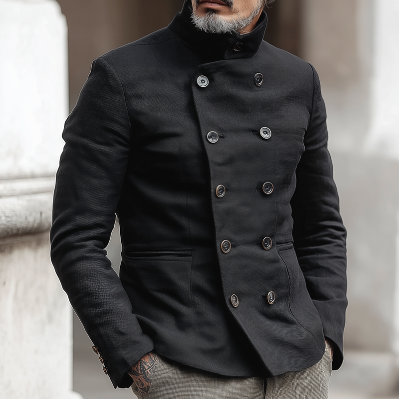 Men's Woven Cotton Stand Collar Double Breasted Jacket MTA2827H3Z