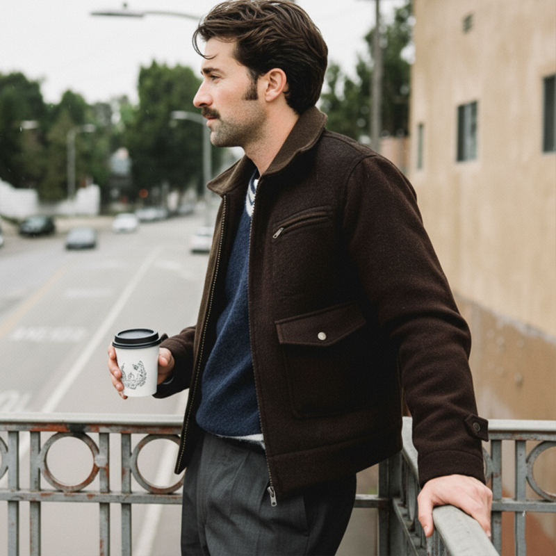 Men's Business Classic Dark Brown Faux Wool Zip-Up Jacket MTA2564L0U