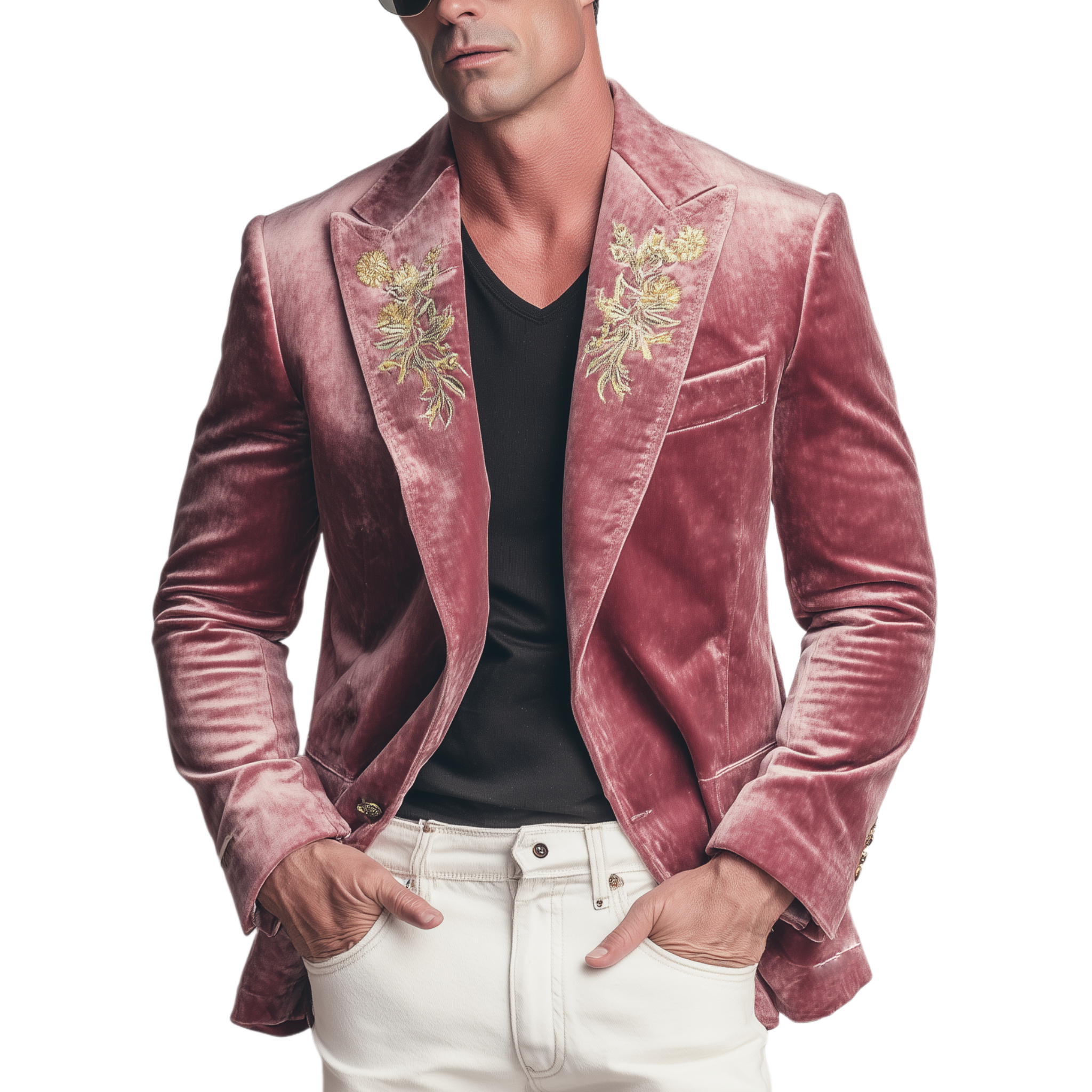Men's Classic Formal Party Pink Velvet Embroidered Slim Fit Single-breasted Blazer MTA1544H4K