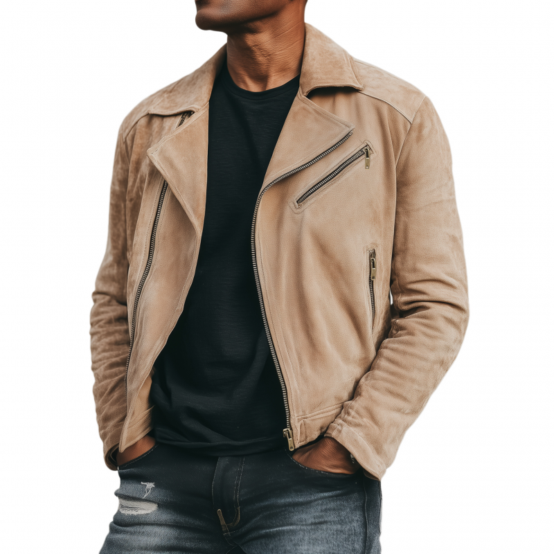 Men's Vintage Solid Color Faux Suede Lapel Slant Zipper Placket Slim Fit Jacket MTA2588G6M