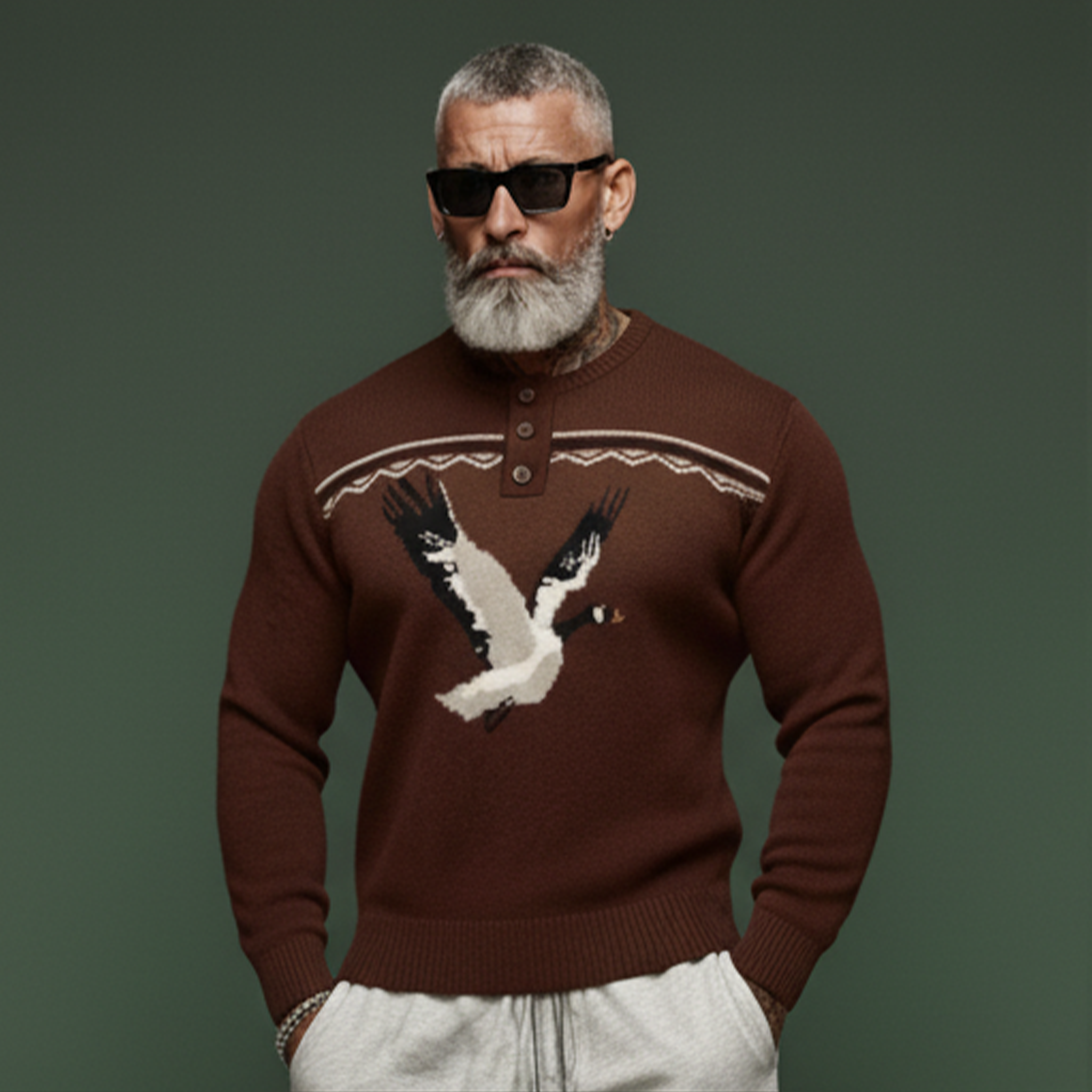 Men's Classic Old-money Style Henley Collar White Eagle Jacquard Sweater MTA0688K5K