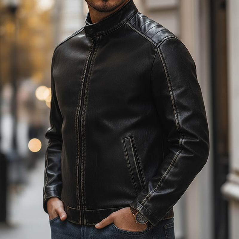 Men's Vintage Distressed PU Faux Leather Zip-up Jacket MTA2378L0P