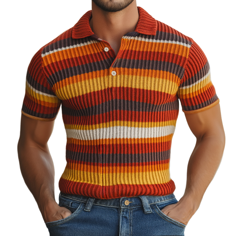 Men's Retro Casual Color Striped Knitted Short Sleeve Polo Shirt MTA2211G5TO