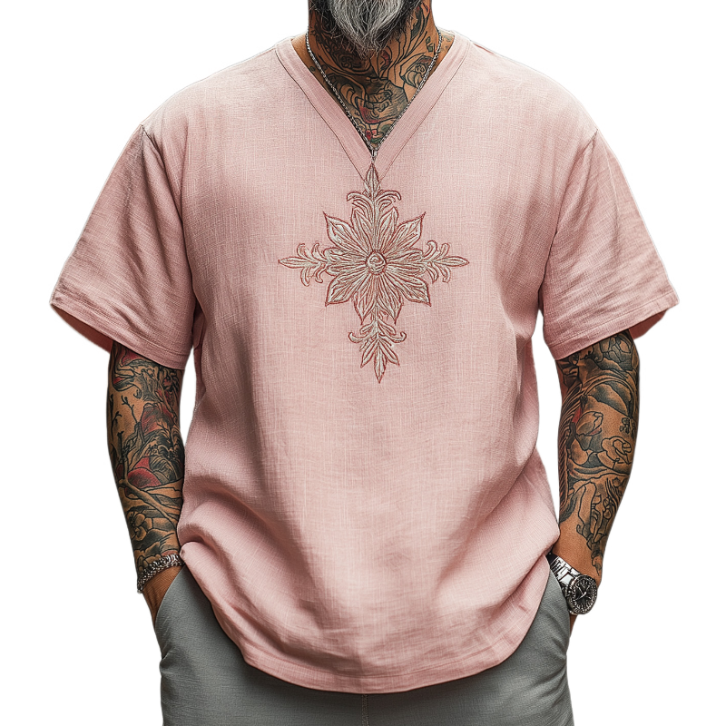 Men's Casual Vintage V-neck Cotton Blend Embroidered Short-sleeved T-shirt 47543472F