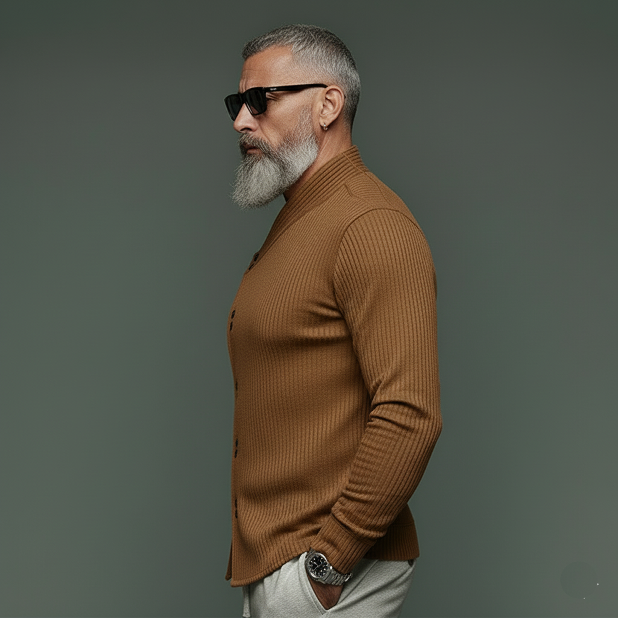 Men's Classic Casual Rugged Style Stand-collar Ribbed Long-sleeved Shirt MTA2368L9K