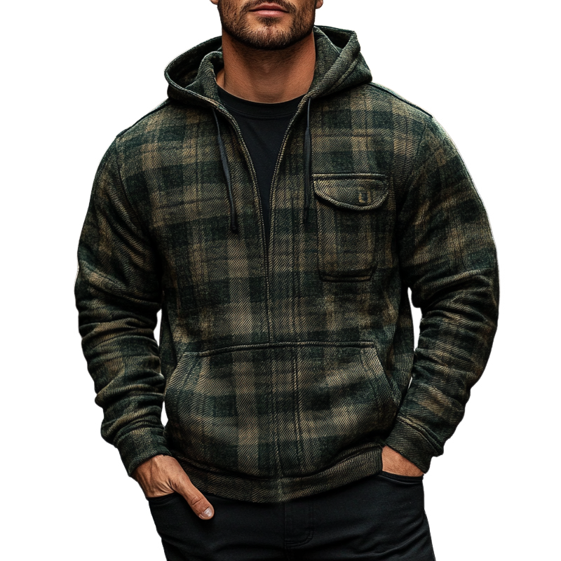 Men's Check Print Zip-Up Hooded Jacket MTA1658H0X